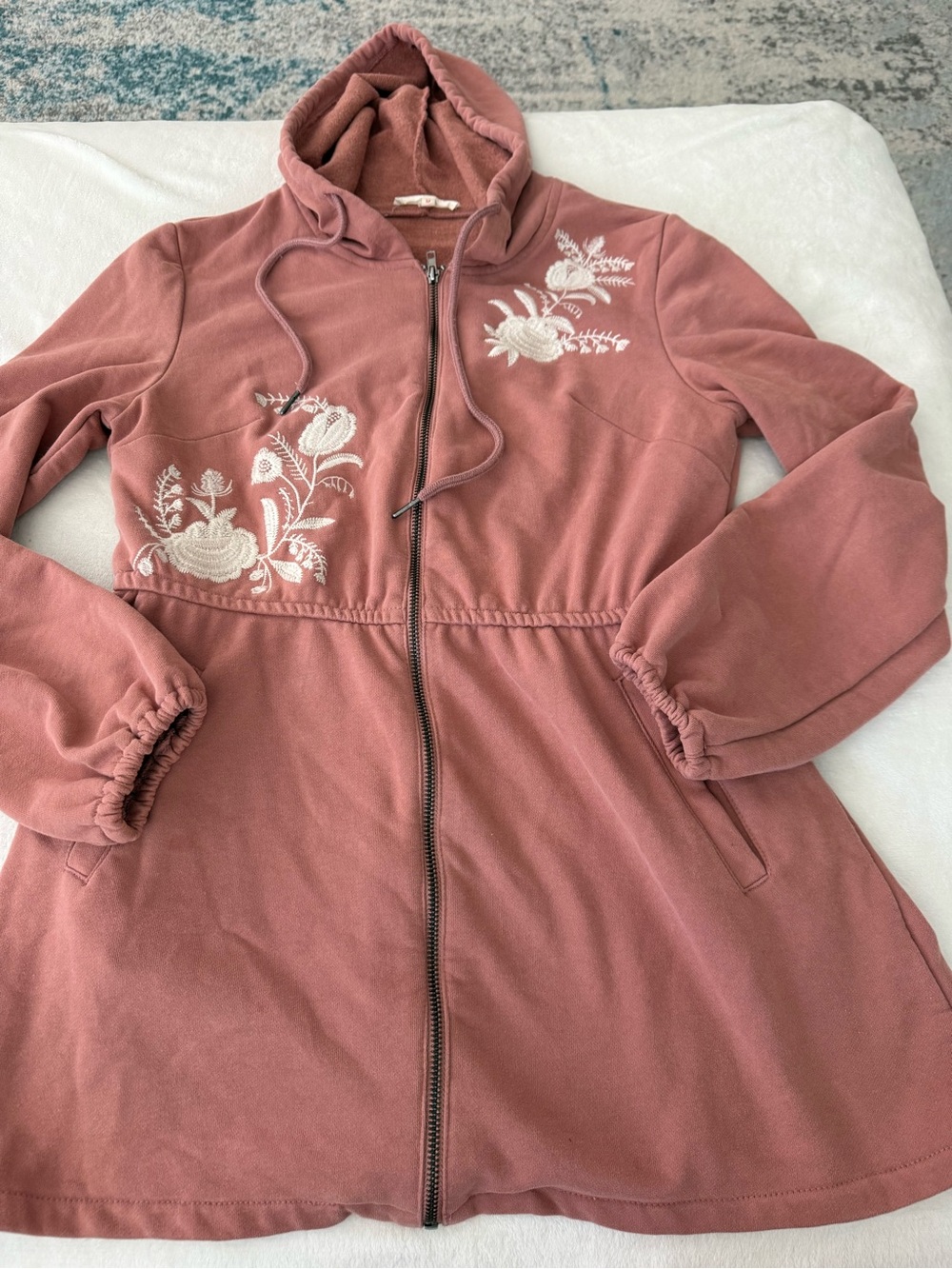 Solitaire Hoodie Womens M Floral Embroidered Full Zip Up Jacket Sweatshirt D75